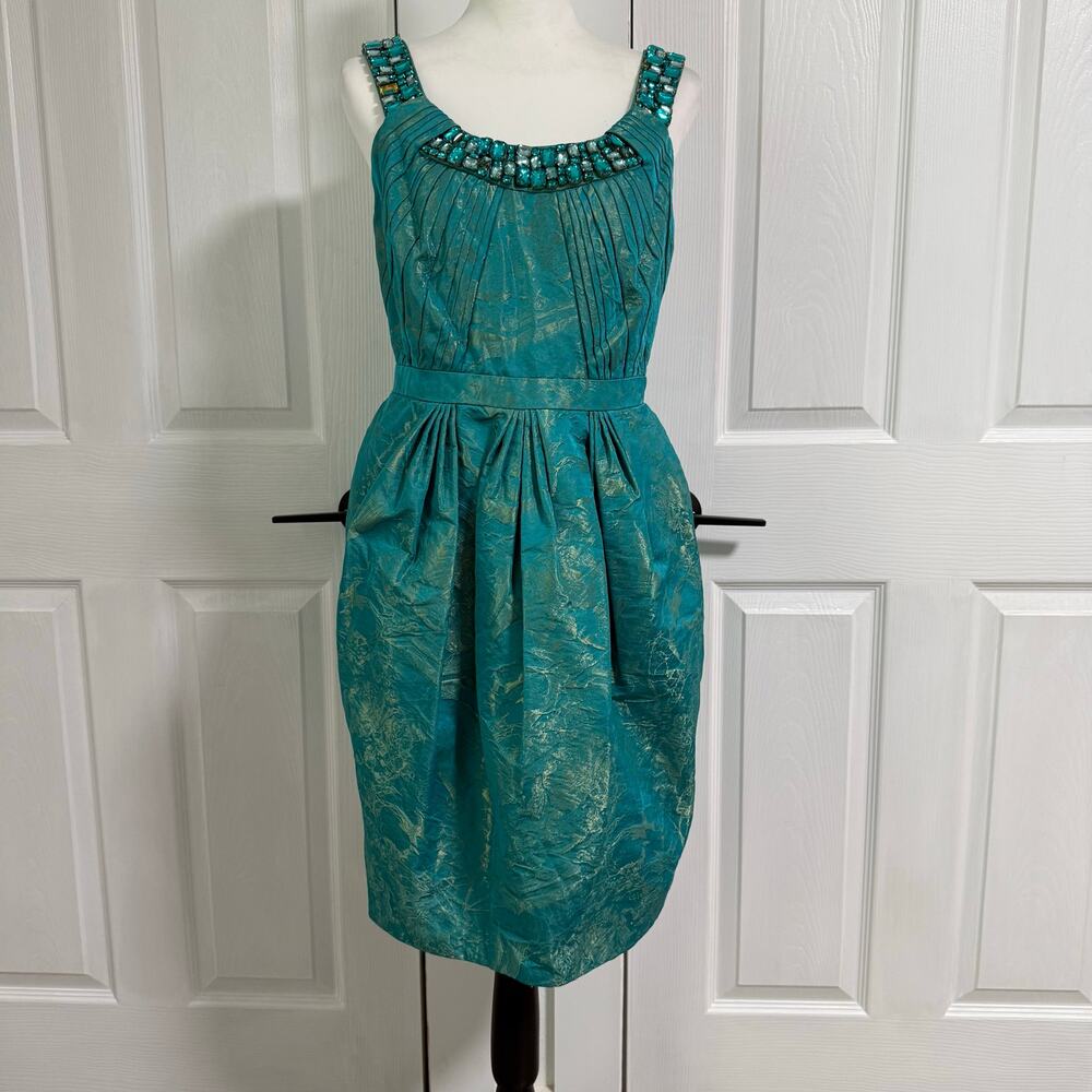 Carmen Marc Valvo Women's Teal Gold Beaded Pleated Dress Size 6